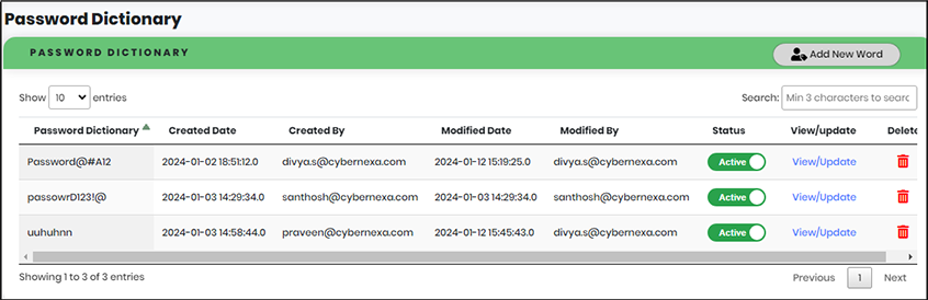 Password Dictionary Screen - CyLock